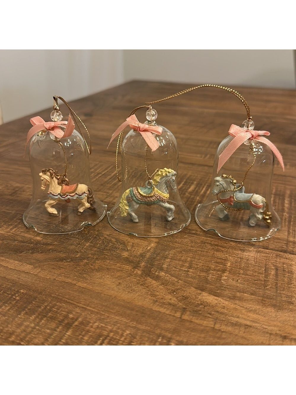 Hand Painted Set of 3 Vintage Porcelain Bisque Crystal Carrousel Bells Ornament